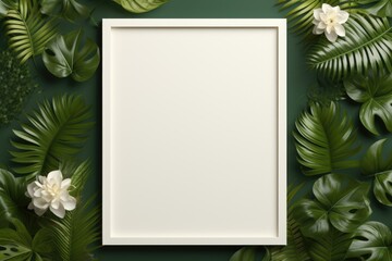 Mockup frame, A charming wooden frame setup juxtaposed with a wallpaper adorned with vibrant tropical foliage. Generative AI