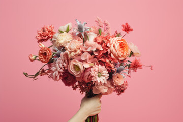 Colorful Bouquet of Flowers, Clean Pink Background, Flowers for Birthday or Anniversary - Generative Ai
