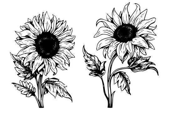 Vector engraving style drawing vector illustration of  sunflower. Ink sketch.