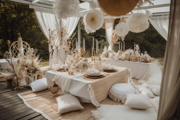 Bohemian Wedding Decoration in White and Beige, Celebrate Outside - Generative Ai 