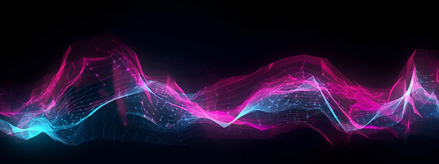 Modern abstract dynamic background pink and blue neon lines vibrate and move on a black background. music track concept, data transmission in cyber space.