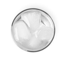 Glass of soda water with ice cubes isolated on white, top view