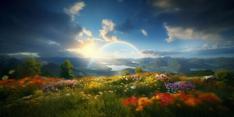 wild field rainbow on sunset sky across a stunning vista lake landscape,mountains wildflowers sun flares