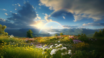 wild field rainbow on sunset sky across a stunning vista lake landscape,mountains wildflowers sun flares beautiful nature landscape 