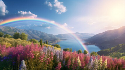 wild field rainbow on sunset sky across a stunning vista lake landscape,mountains wildflowers sun flares beautiful nature landscape 