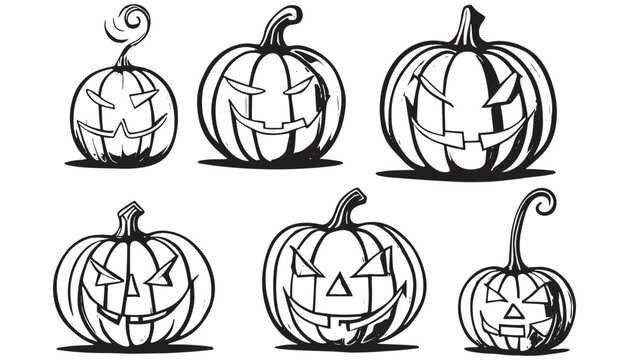 Pumpkin face sketch. Drawing halloween pumpkins scary or happy faces, engraving jack lantern for fall decoration art book creepy ghost doodle gourd, vector illustration of sketch pumpkin halloween