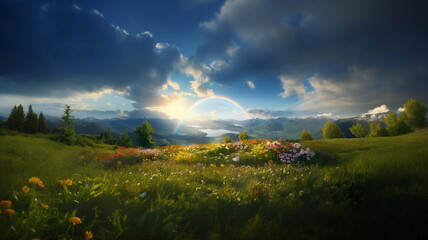 Obraz premium beautiful rainbow on sunset sky across a stunning vista landscape,mountains wild flowers sun flares 