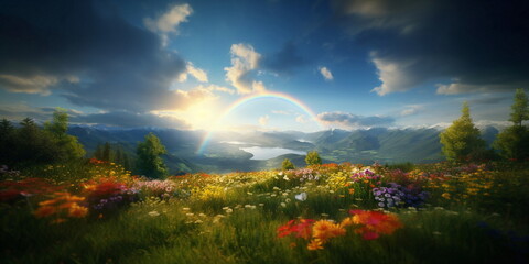  beautiful rainbow on sunset sky across a stunning vista landscape,mountains wild flowers sun flares 