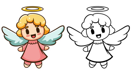 Cute carton angel vector illustration, Female angel , baby angel , girl angel stock vector image, colored and black and white line art