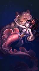 Tarot card design. Mermaid theme anime girl with tiger. Strenth symbol. Hand drawn illustration