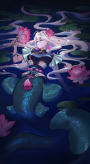 Tarot card design. Mermaid theme anime illustration. Chinese style girl laying in water with lotuses. Hand drawn illustration