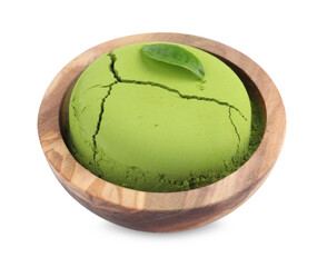 Bowl with matcha powder and leaf isolated on white