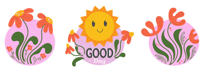 Floral set with flat doodle style abstract flowers and leaves. Round stickers of hand drawn style flowers.