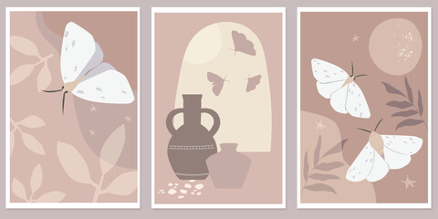 A set of abstract contemporary posters with butterflies, leaves, vases. Natural night prints. Vector graphics.