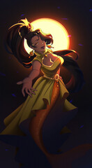Tarot card design. Mermaid theme anime illustration. Tan skin girl. The sun. Hand drawn illustration
