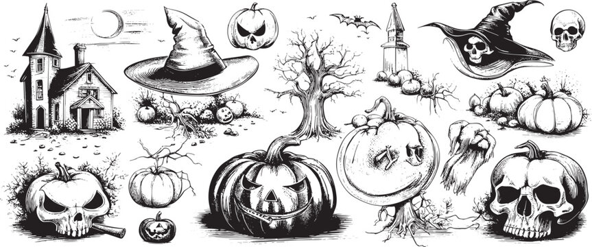 Sketch of Halloween elements on a white background. Hand drawn vector Horror set of Halloween doodle sticker sketch