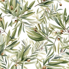 Olives seamless pattern color sketch style hand drawn background, olive branches with leaves on white background. Italian food. ai