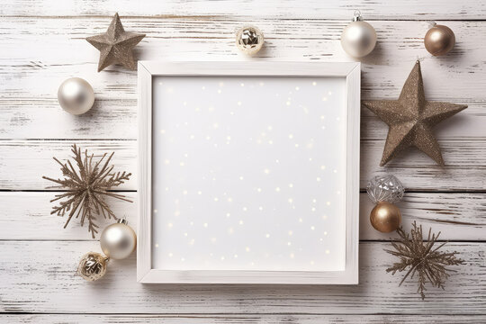 Christmas white blank picture frame with copy space template. Christmas tree toys, Christmas decoration on boardwalk white wooden background. Mockup greeting card merry Christmas and happy new year.