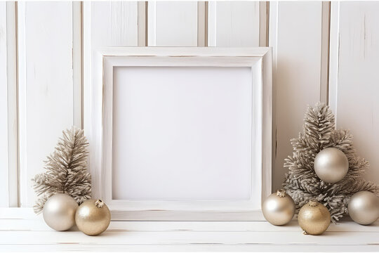 Christmas white blank picture frame with copy space template. Christmas tree toys, Christmas decoration on boardwalk white wooden background. Mockup greeting card merry Christmas and happy new year.