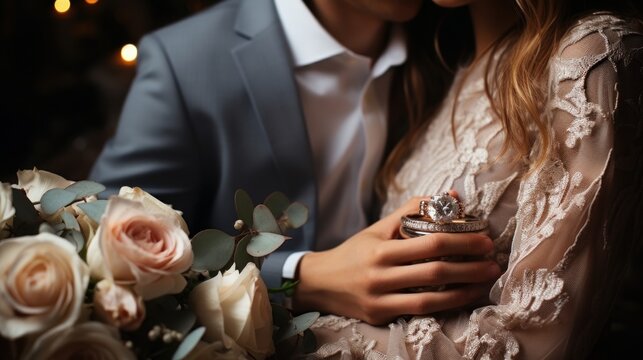 Picture of man and woman with wedding ring.Young married couple holding hands, ceremony wedding day. Newly wed couple's hands with wedding rings 