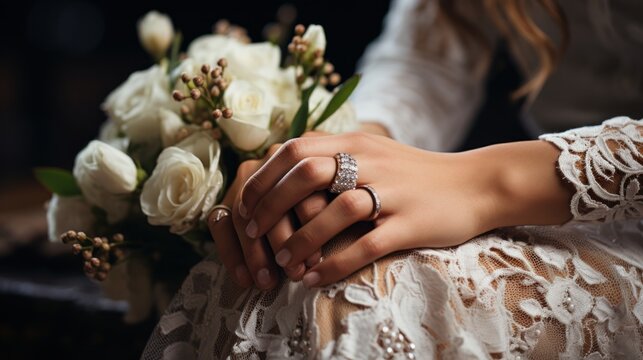Picture of man and woman with wedding ring.Young married couple holding hands, ceremony wedding day. Newly wed couple's hands with wedding rings 