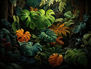 Obraz na płótnie Canvas Picture a digital painting, featuring detailed jungle leaves as gaming assets. The leaves are intricately designed, their vibrant green hues and textures captured in high - resolution 16k. The style s