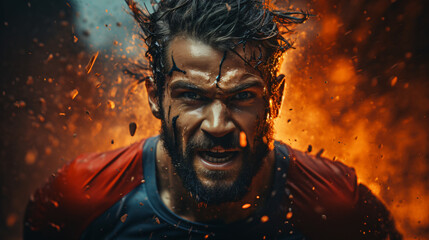 action scene with sweaty athlete, orange fiery light, dirt I water splashes around, generative AI