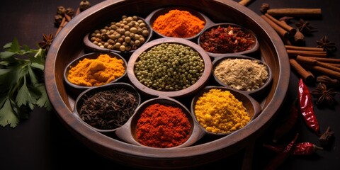 Many different spices close-up. Pepper, turmeric, thyme, paprika, cumin. Cooking theme.