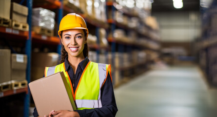 Female worker in a warehouse, Young woman in high visibility vest, carton box in her hands, blurred shelves stacks background. Generative AI