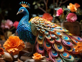 Obraz premium Peacock sculptures printed with colorful paper, in the style of dima dmitriev, spectacular backdrops, 8k 3d, indian pop culture, made of cardboard,
