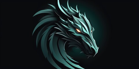 Green fantastic dragon on a dark background. Logo. Generative AI
