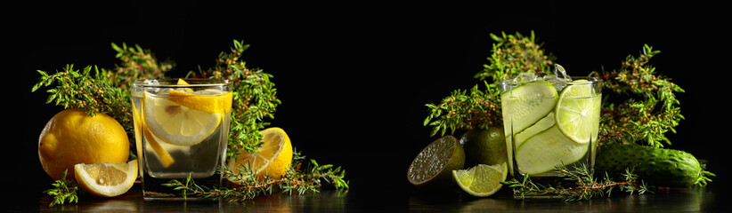 Two cocktails Gin-tonic on a black background.