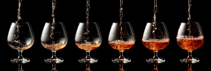 Pouring brandy into a glass on a black background.