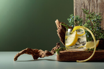 Cocktail gin-tonic with ice, lemon, and rosemary in a frozen glass.