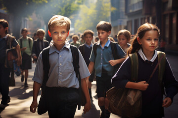 grupo de niños de pie con mochila llegando al colegio después de vacaciones. - obrazy, fototapety, plakaty