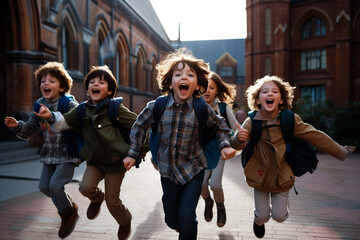 Grupo de niños con mochila y sonriendo saltando todos a la vez en el patio de un colegio.