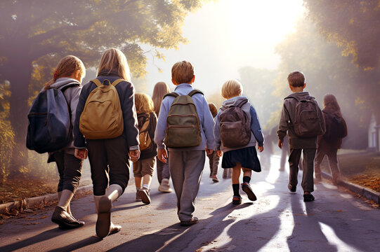 grupo de ni&ntilde;os caminando de espaldas con mochilas dirigi&eacute;ndose al colegio por un camino con luz natural.