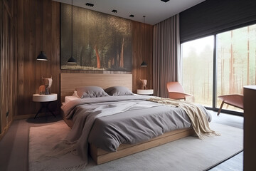 Eco style bedroom interior with bed in modern house.