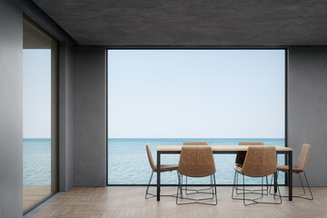 Dining room with table and chairs. 3d rendering of interior space with sea and sky background.