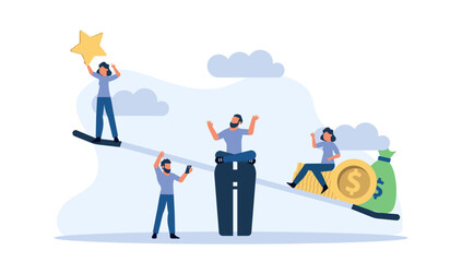 Success star with balance weight scale vector concept illustration. Man and woman flat feedback background evaluation best rating customer. Achievement character award work dream. Job goal creative