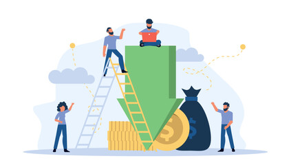 Down arrow decrease vector interest discount rate percent low. Man and woman with coins and money illustration concept graph chart crisis economic. Bad stock investment recession price. Fail budget