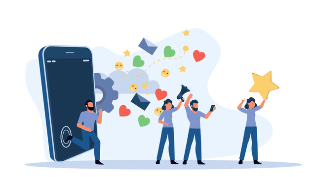 Refer friend vector illustration service loyalty referral man and woman. Marketing business design concept network recommend announcement advertising program banner. Digital tell job commerce earn.