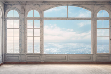 Window overlooking ocean or sea panoramic view, in the style of soft, romantic landscapes, nostalgic mood, muted blue and white colors. Renaissance style. Generative AI