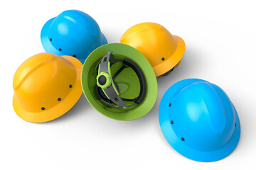 Heap of safety helmets or hard caps for carpentry work on white background