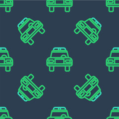 Line Police car and police flasher icon isolated seamless pattern on blue background. Emergency flashing siren. Vector