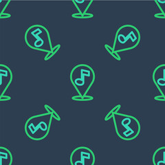 Line Location musical note icon isolated seamless pattern on blue background. Music and sound concept. Vector