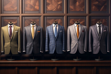 Clothes and accessories concept. Various classic man suits background with copy space. Generative AI