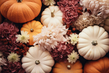 Obraz na płótnie Canvas Beautiful autumn background with pumpkins and flowers