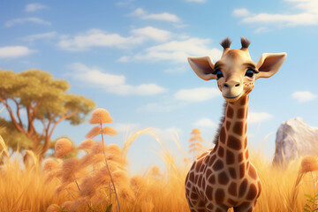 Naklejki  giraffe drawing illustration, cute funny cub animal