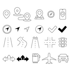 Black navigation and roads related icons set on white background
